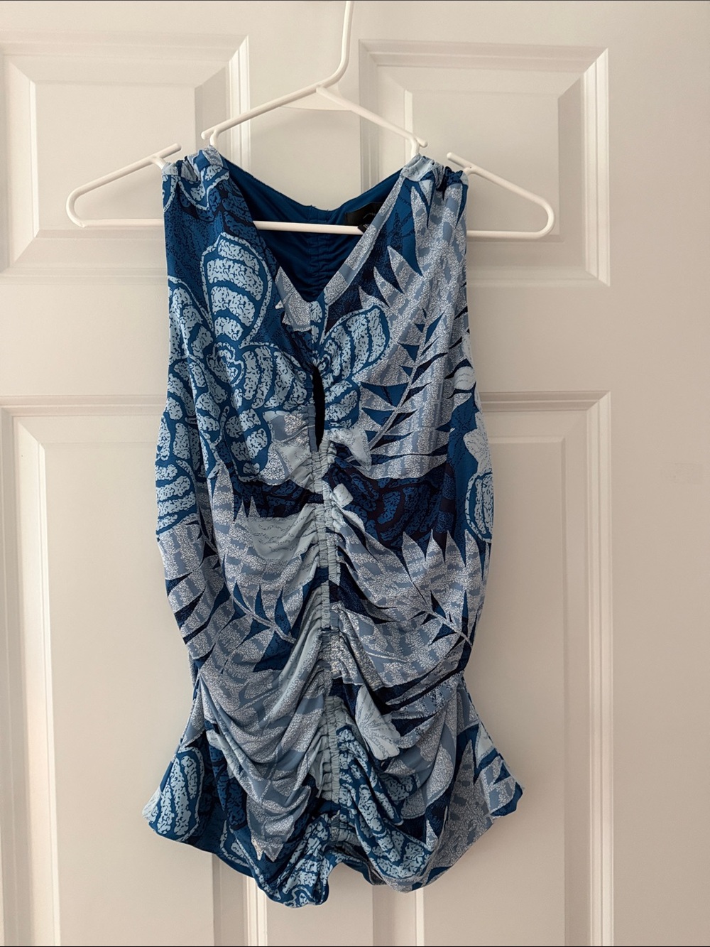White House Black Market Blue Patterned Ruched V-Neck Camisole pit to pit 18 inc